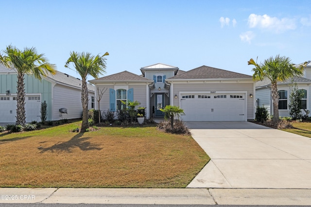 view of front of home with a front lawn, concrete driveway, and an attached garage