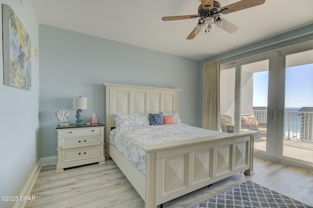 bedroom with ceiling fan, access to outside, light wood-type flooring, and baseboards