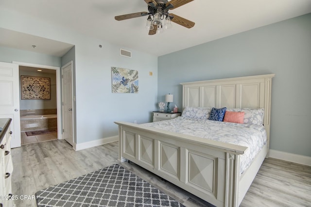 bedroom with light wood-style floors, visible vents, ceiling fan, and baseboards