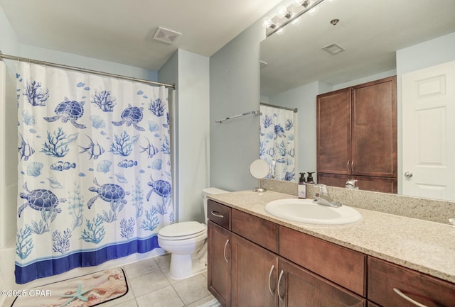 full bathroom featuring a shower with curtain, visible vents, toilet, vanity, and tile patterned flooring