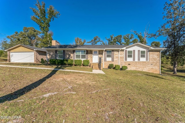 ranch-style home featuring brick siding, an attached garage, a chimney, and a front lawn