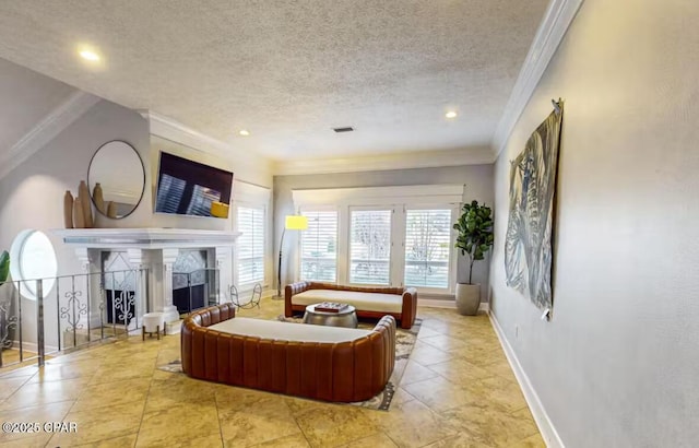 living area with baseboards, a textured ceiling, crown molding, a fireplace, and recessed lighting