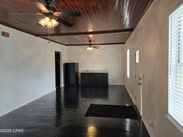 entrance foyer with a ceiling fan, wood ceiling, beamed ceiling, and baseboards