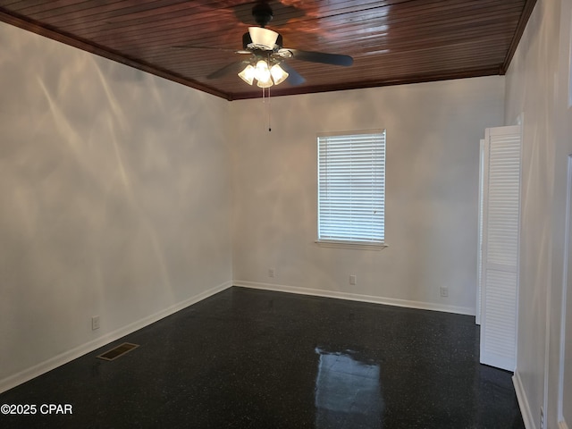 spare room featuring ornamental molding, wood ceiling, baseboards, and a ceiling fan