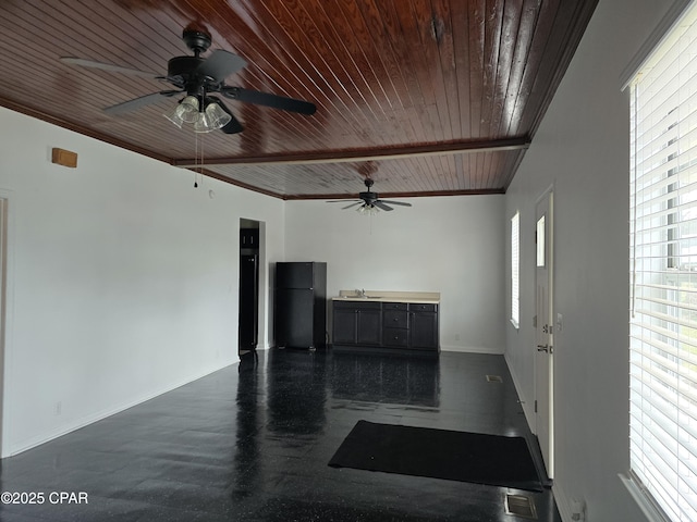 interior space featuring visible vents, baseboards, wood ceiling, crown molding, and a sink