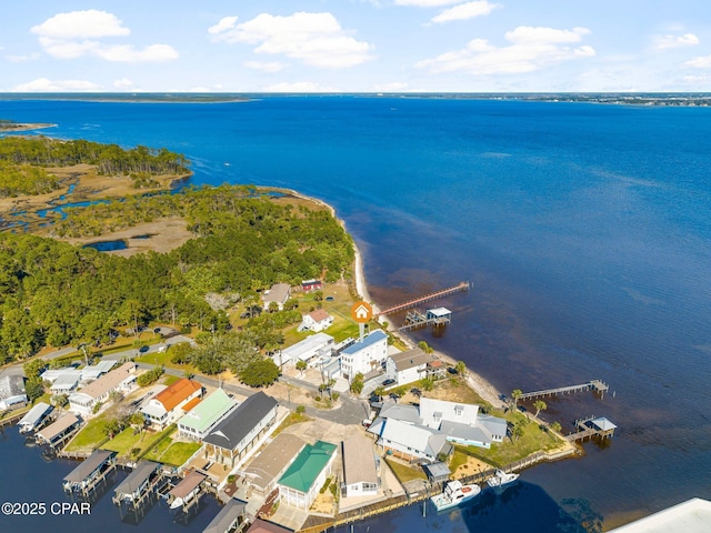 drone / aerial view with a residential view and a water view