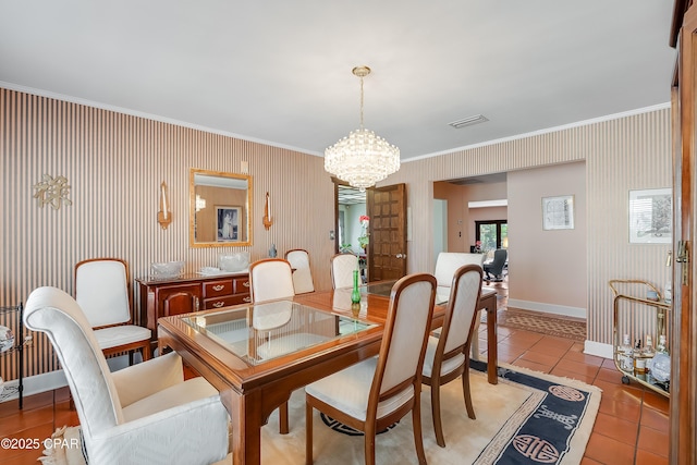 dining space featuring wallpapered walls, visible vents, baseboards, crown molding, and light tile patterned flooring