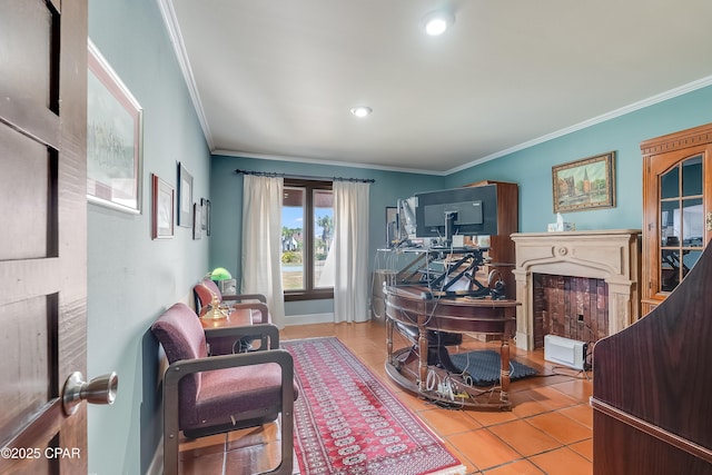 tiled living room with a fireplace and ornamental molding