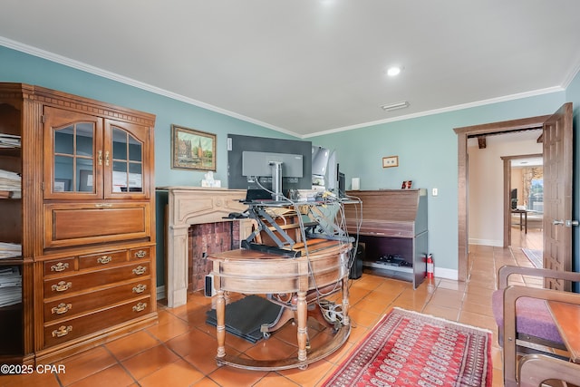 office space featuring baseboards, ornamental molding, and light tile patterned flooring