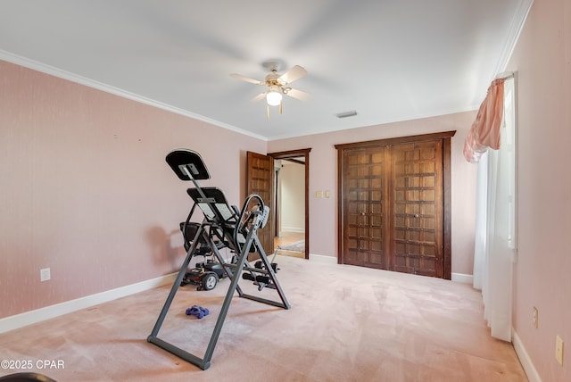 exercise area featuring baseboards, carpet, and crown molding