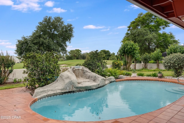 view of pool featuring a fenced in pool, a patio area, and a fenced backyard