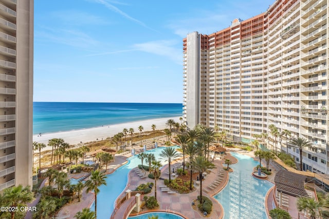 property view of water featuring a beach view