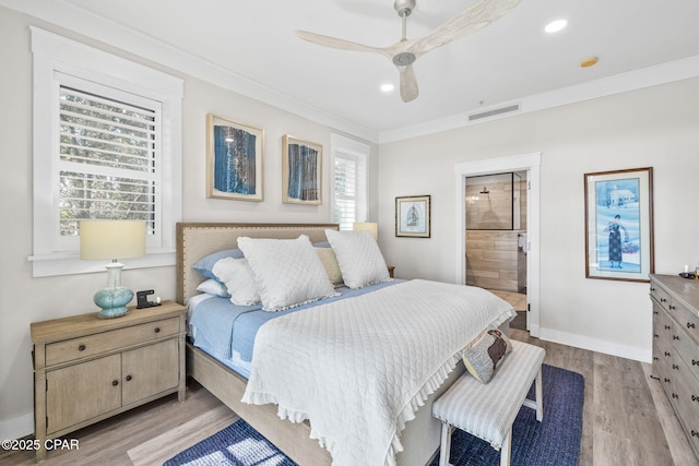 bedroom featuring crown molding, light wood-type flooring, baseboards, visible vents, and recessed lighting