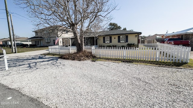 ranch-style home with a fenced front yard