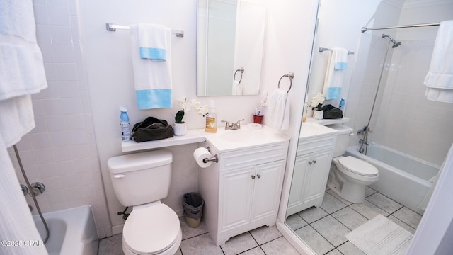 bathroom with toilet, tile patterned flooring, shower / washtub combination, and vanity