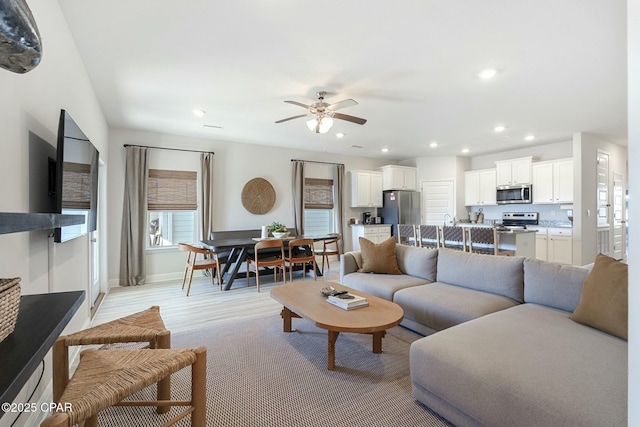 358 Sea Grove Way, Port St Joe, FL 32456 - living room with recessed lighting, ceiling fan, and light wood finished floors