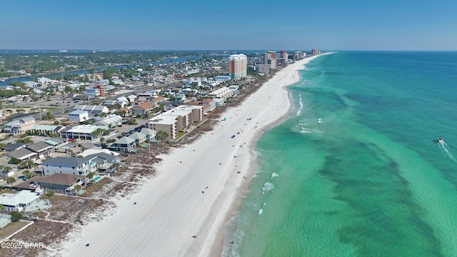 bird's eye view with a beach view and a water view