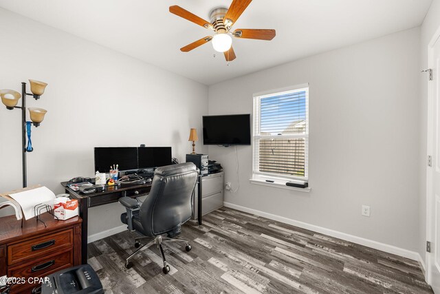 office featuring a ceiling fan, baseboards, and wood finished floors