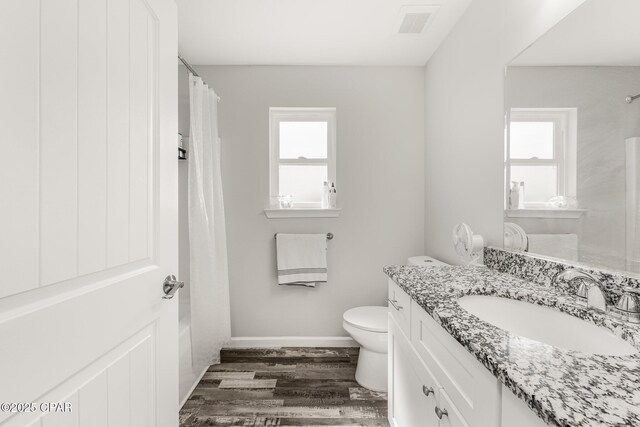 bathroom featuring vanity, plenty of natural light, wood finished floors, and toilet