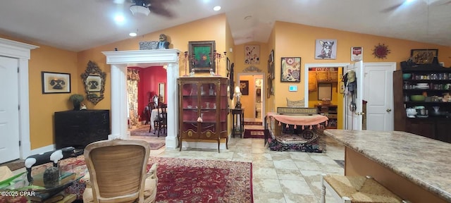 205 Harmon Ave, Panama City, FL 32401 - living room with a ceiling fan and vaulted ceiling