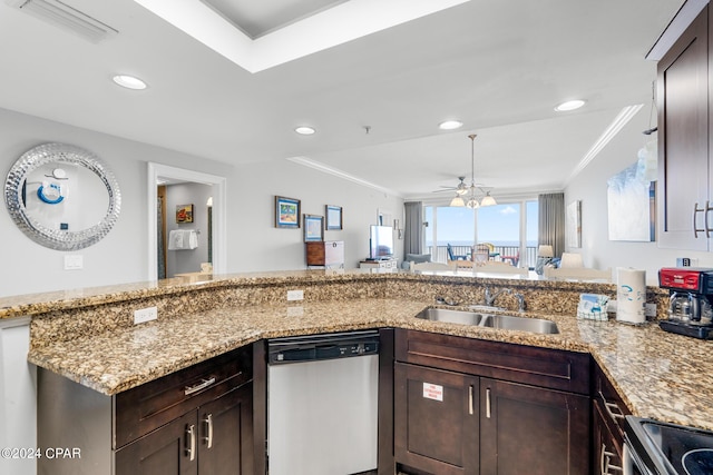 kitchen featuring visible vents, stainless steel dishwasher, ornamental molding, a sink, and range with electric cooktop