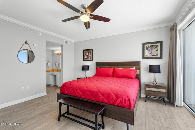 bedroom featuring light wood-style flooring, visible vents, ornamental molding, and baseboards