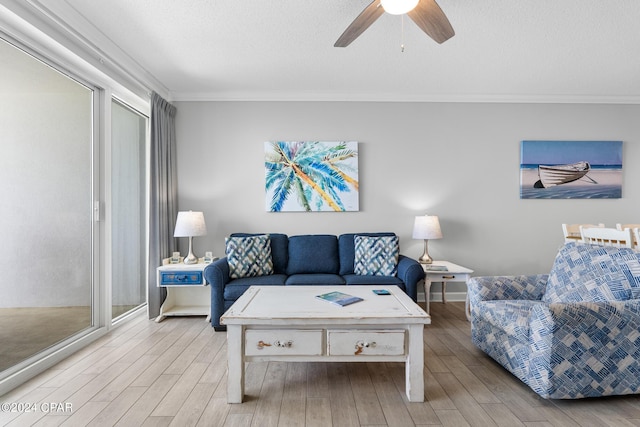 living room featuring crown molding, a ceiling fan, light wood-type flooring, and a textured ceiling