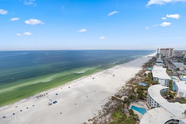 aerial view featuring a water view and a view of the beach