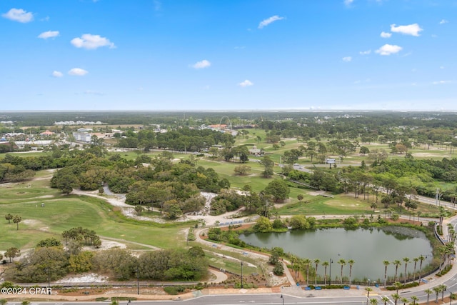 aerial view featuring a water view and golf course view