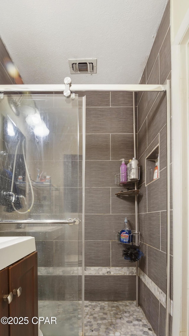 full bath featuring vanity, a shower stall, and visible vents