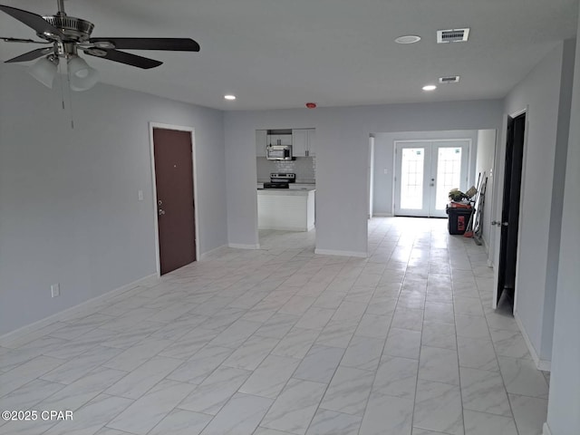 unfurnished room featuring marble finish floor, french doors, recessed lighting, visible vents, and baseboards