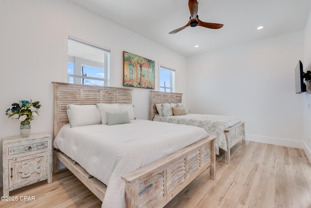 bedroom with baseboards, ceiling fan, light wood-style flooring, and recessed lighting