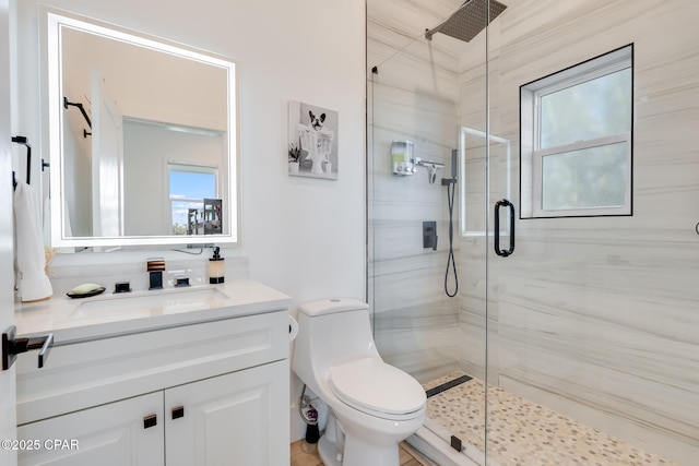 full bathroom with toilet, a stall shower, a wealth of natural light, and vanity