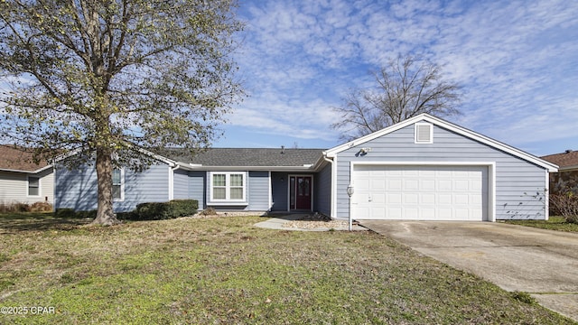 single story home featuring a garage, concrete driveway, and a front yard