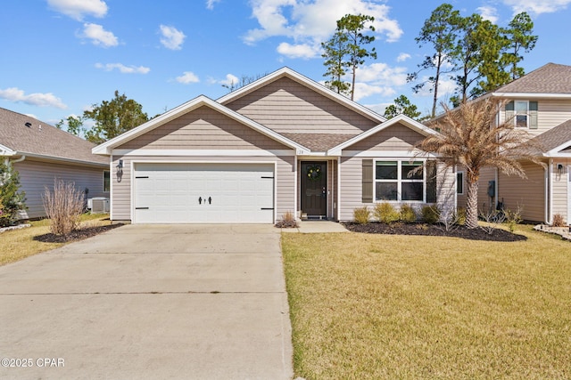 view of front facade with driveway, a front lawn, an attached garage, and central air condition unit