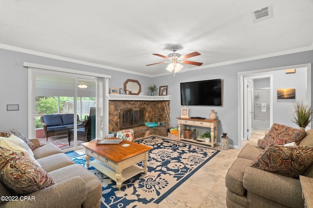 living area with baseboards, a ceiling fan, visible vents, and crown molding