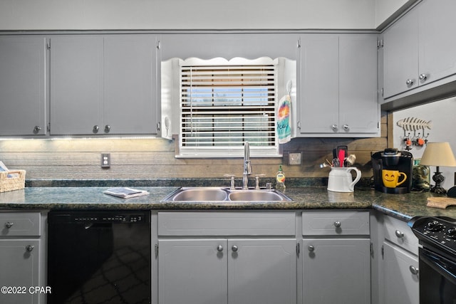 kitchen with black appliances, dark countertops, a sink, and decorative backsplash