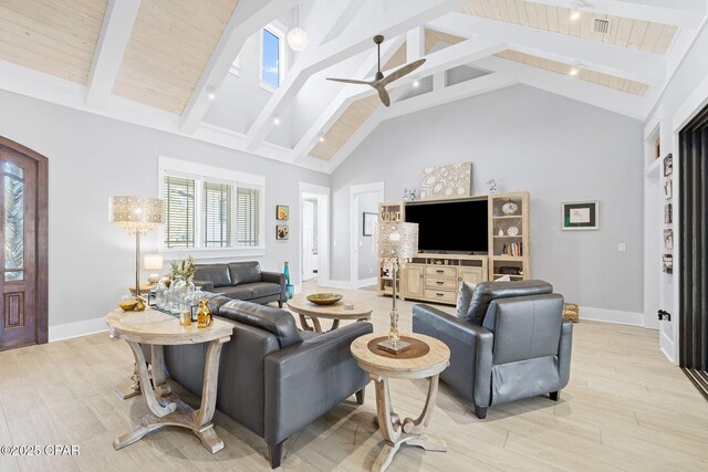 living room featuring light wood finished floors, a ceiling fan, high vaulted ceiling, beamed ceiling, and baseboards