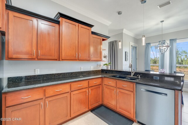 kitchen with a peninsula, a sink, visible vents, brown cabinets, and dishwasher