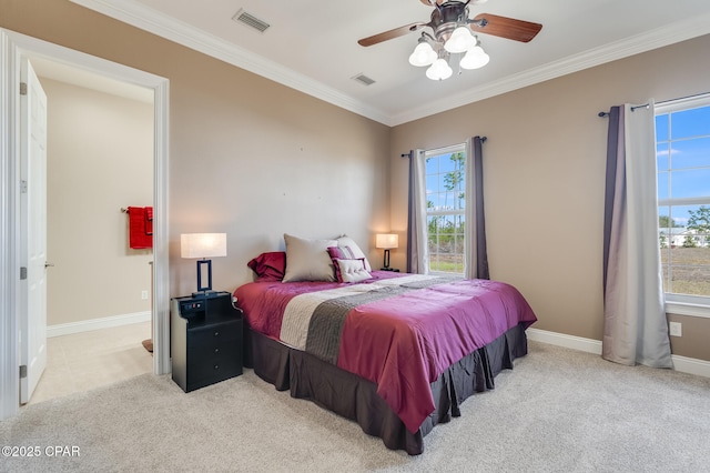 bedroom featuring carpet floors, visible vents, ornamental molding, and baseboards