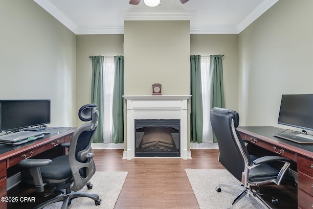 office featuring a healthy amount of sunlight, crown molding, and wood finished floors