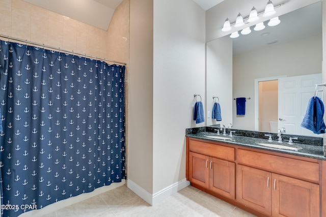 full bathroom with tile patterned flooring, a sink, a shower with shower curtain, and double vanity