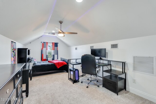 bedroom with lofted ceiling, baseboards, visible vents, and light colored carpet