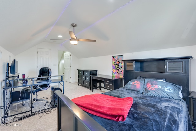 bedroom with light carpet, a ceiling fan, and lofted ceiling