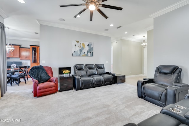 home theater featuring recessed lighting, light colored carpet, crown molding, and baseboards