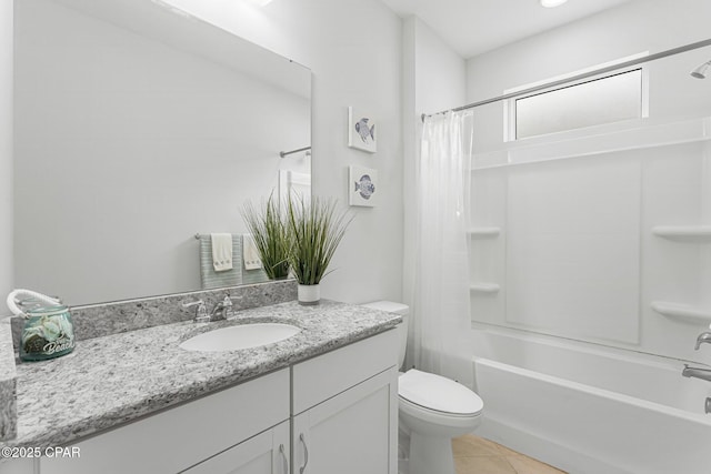 full bath with toilet, tile patterned flooring, shower / bathtub combination with curtain, and vanity