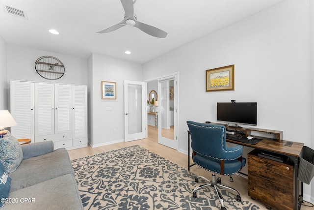 office area with french doors, recessed lighting, visible vents, light wood-style flooring, and a ceiling fan