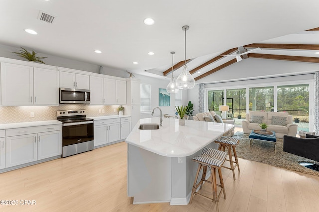 kitchen with stainless steel appliances, visible vents, backsplash, open floor plan, and a sink