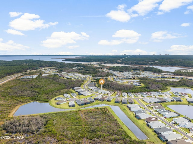 aerial view featuring a water view and a residential view