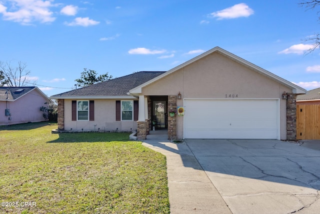 ranch-style house featuring concrete driveway, stucco siding, roof with shingles, an attached garage, and a front yard